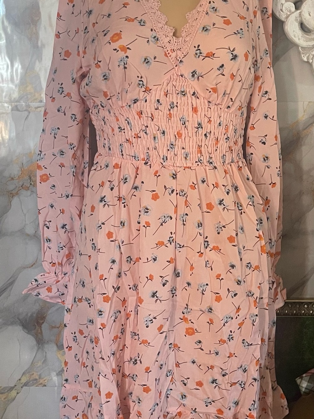 SHEIN Pink Floral Lace-Trim Dress